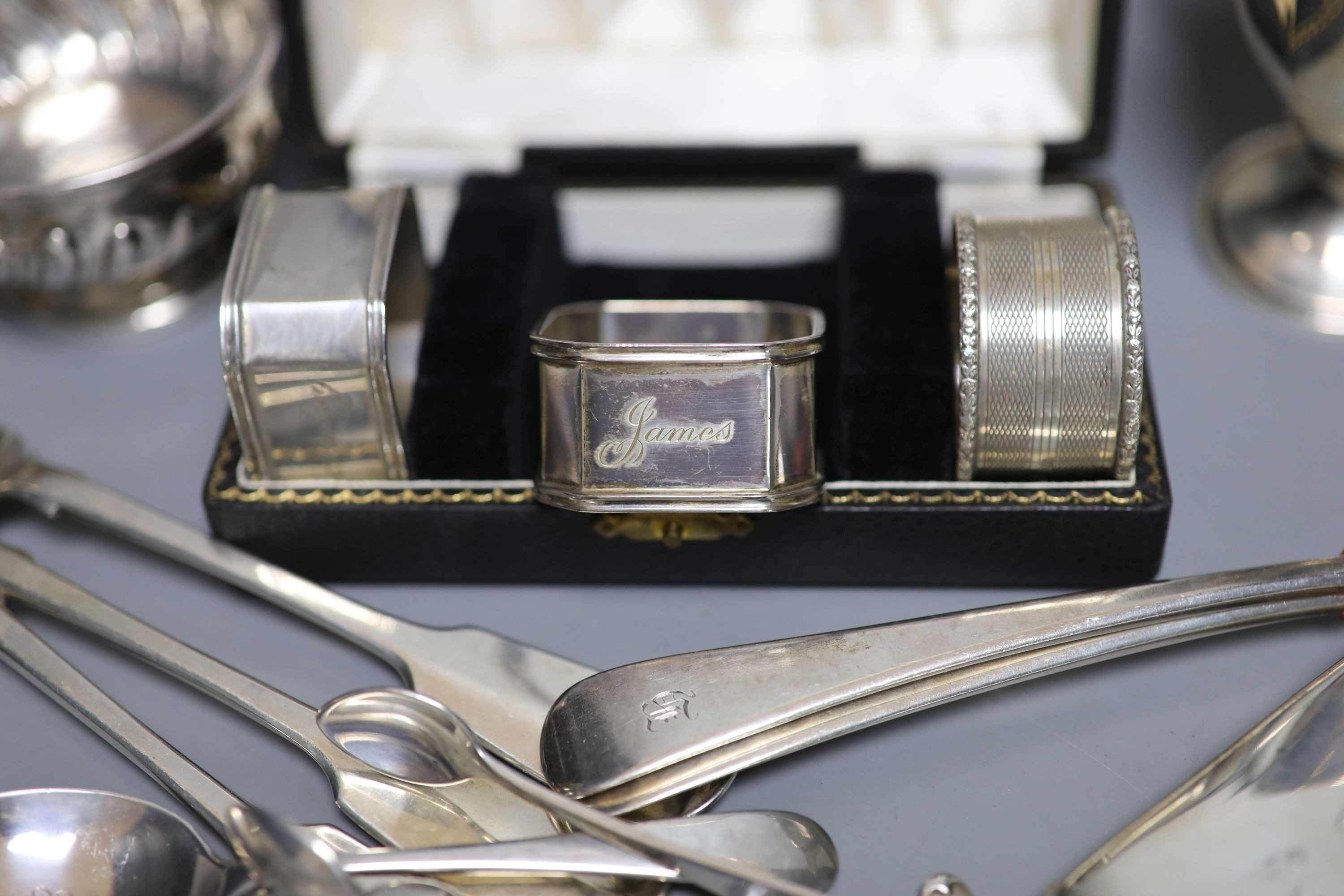 Sundry silver and plated items including flatware, sugar nips, small bowl, ashtray, cigarette case, pepperette, trinket box etc. weighable silver 31oz.